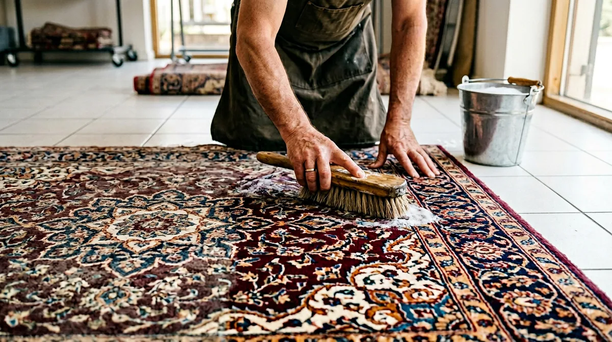 Professionelle Teppichreinigung, schonende Handwäsche eines Orientteppichs
